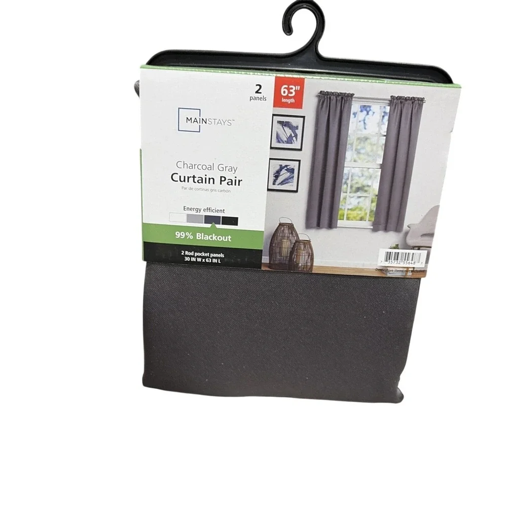 Mainstays Curtain Pair Blackout Charcoal Gray Rod Pocket 30x63 NWT Modern 2pk